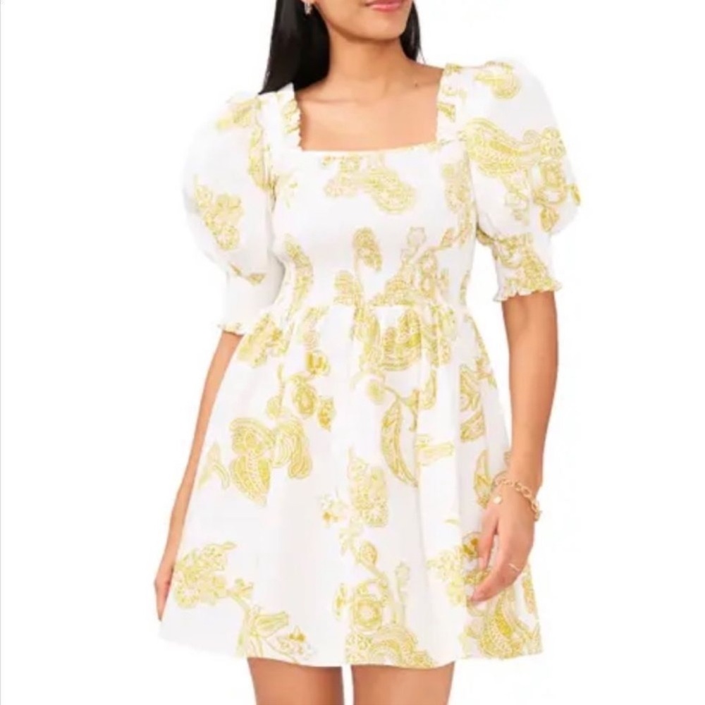 1. State White and Yellow Smocked Mini Sundress